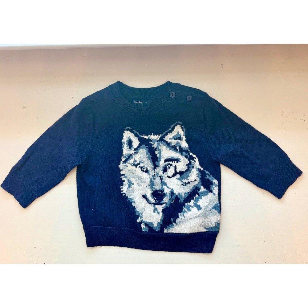 babyGap Wolf Graphic Sweater 6-12 Months Navy Blue Cotton Knit Fall 2015